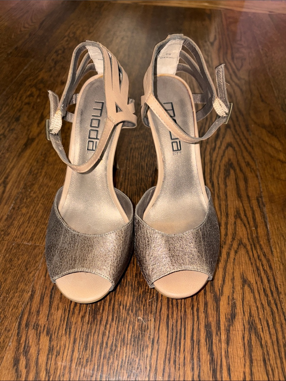 Monda Metallic Open-Toe Ankle-Strap Heels in Champagne Bronze